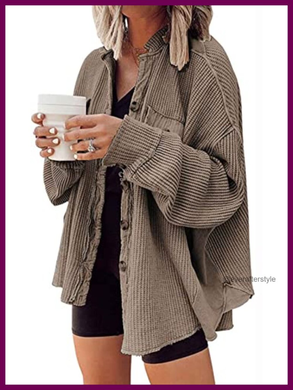 Oversized Waffle Knit Shacket Button Down Long Sleeve Shirt
